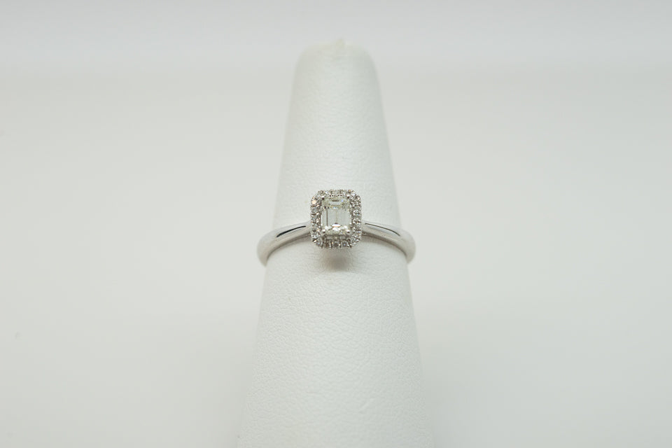 18K White Gold Diamond Halo Engagement Ring with .40 Emerald-Cut Center Diamond