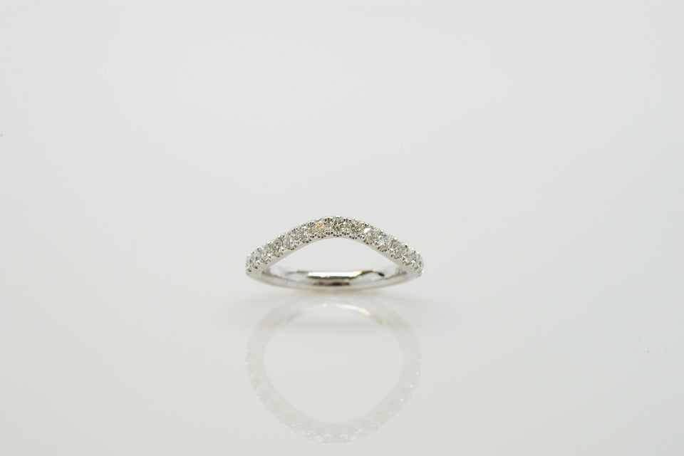 14K White Gold Prong Set Wedding Band with Curve and Diamonds