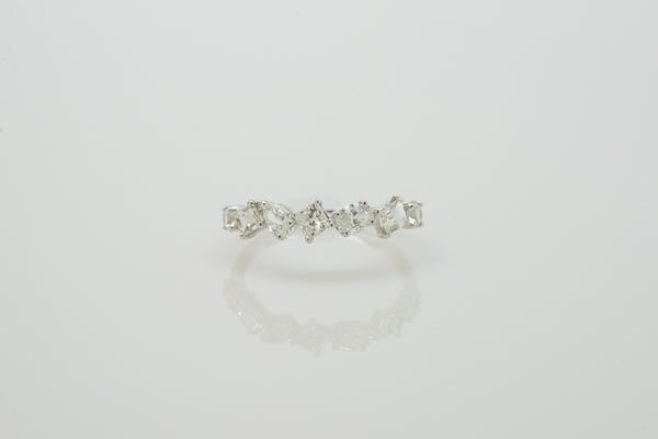 14K White Gold Prong Set Ring with Various Cut Diamonds
