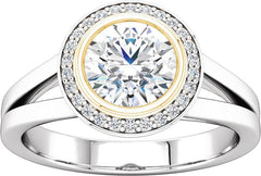 14 Karat White and Yellow Gold Bezel Set Halo Engagement Ring Mounting