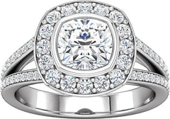 14 Karat White Gold Diamond Halo Style Split Shank Engagement Ring Mounting