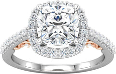 14 Karat White and Rose Gold Cushion Diamond Halo Engagement Ring Mounting