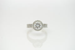 14K White Gold Diamond Halo Engagement Ring with .79tcw Accent Diamonds