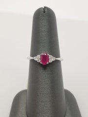 14K White Gold Oval Ruby Ring with Side Diamond Clusters