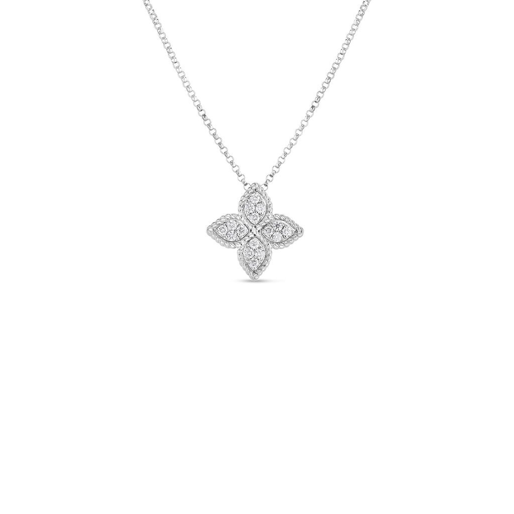 Roberto Coin 18-Karat White Gold Medium Diamond Princess Flower Necklace