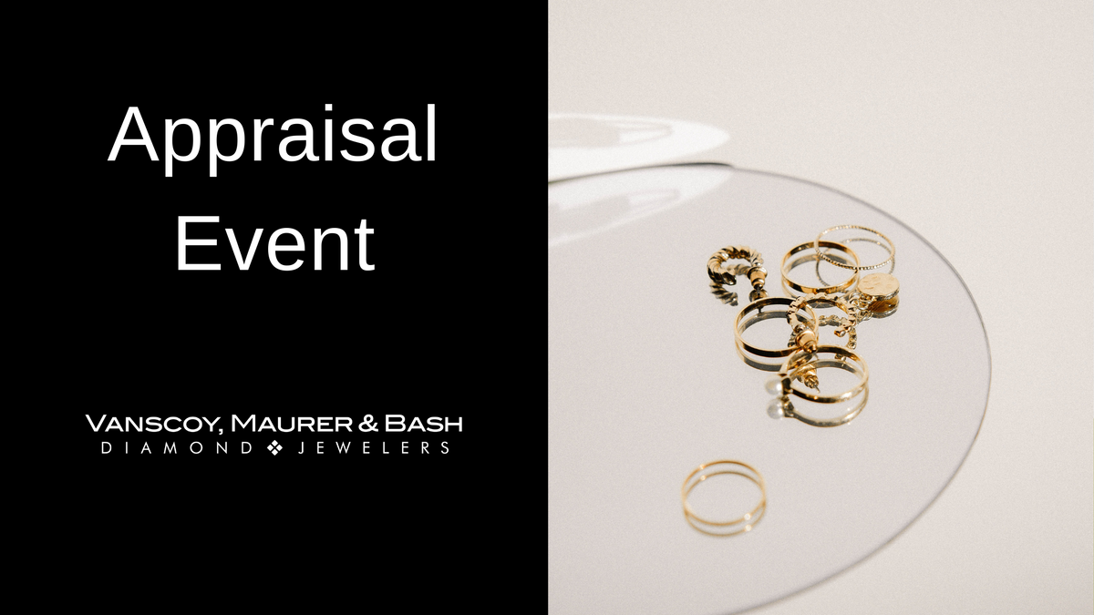 Various pieces of gold jewelry on a glass dish, Vanscoy, Maurer & Bash Diamond Jewelers appraisal event graphic