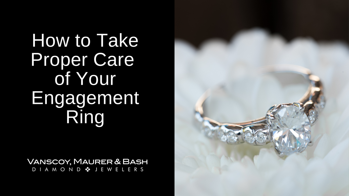 Solitaire, oval diamond engagement ring on a white flower, graphic on how to take care of your engagement ring by Vanscoy, Maurer & Bash Diamond Jewelers in Lancaster, PA