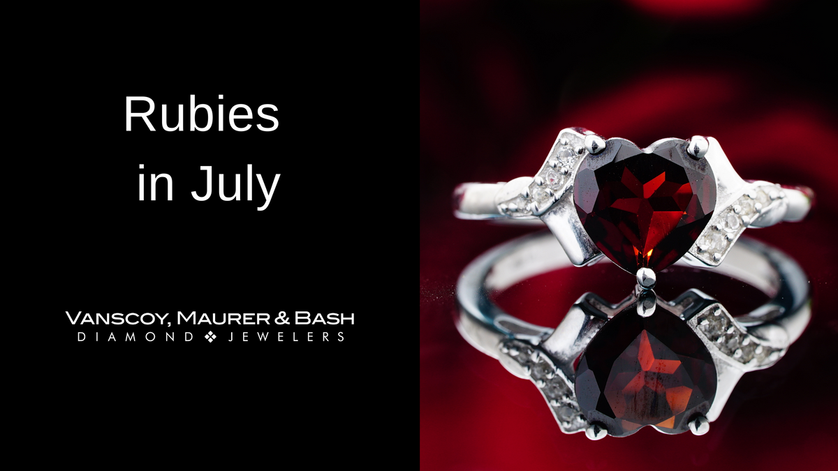 Ruby and diamond ring with a red background, ruby birthstone article for Vanscoy, Maurer & Bash Diamond Jewelers, Lancaster, PA