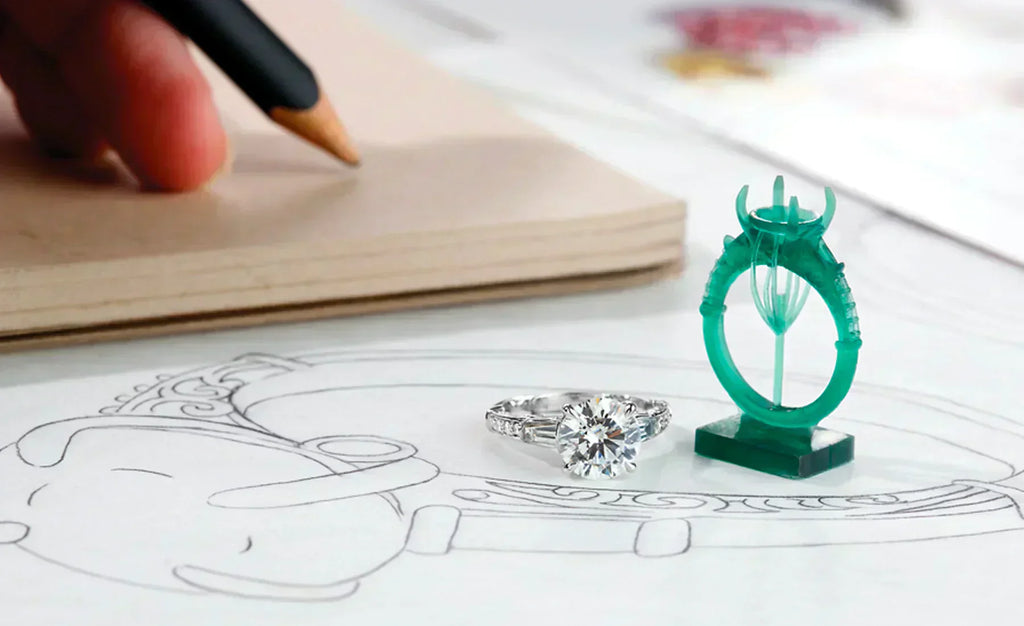 Sketch, CAD and engagement ring laying down