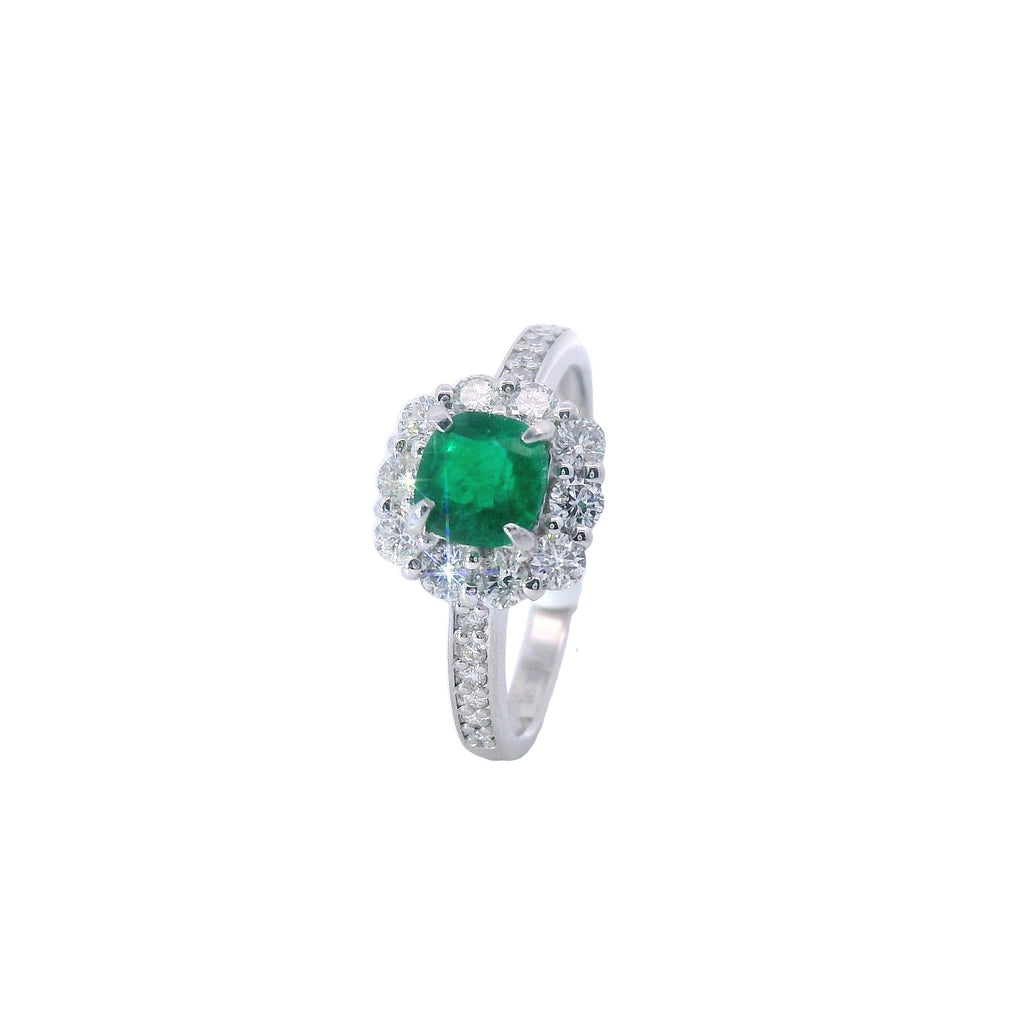 Platinum Cushion Cut Emerald and Diamond Halo Fashion Ring