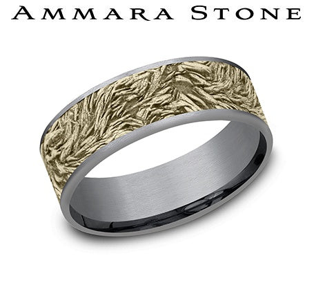 Ammara Stone Yellow Gold and Gray Tantalum Lions Mane Center Wedding Band