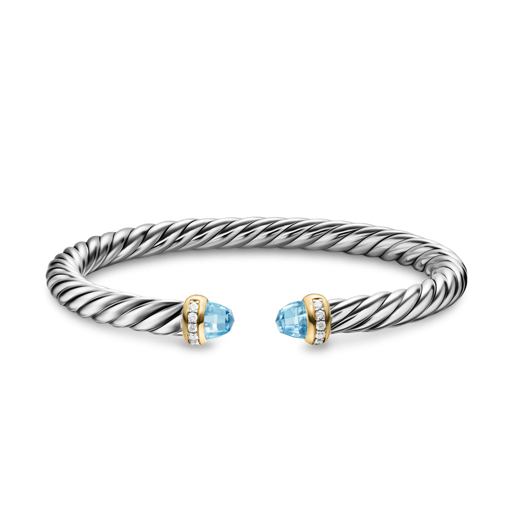David Yurman Sterling Silver and Yellow Gold 6 mm Cable Flex Sky Blue Topaz Bracelet