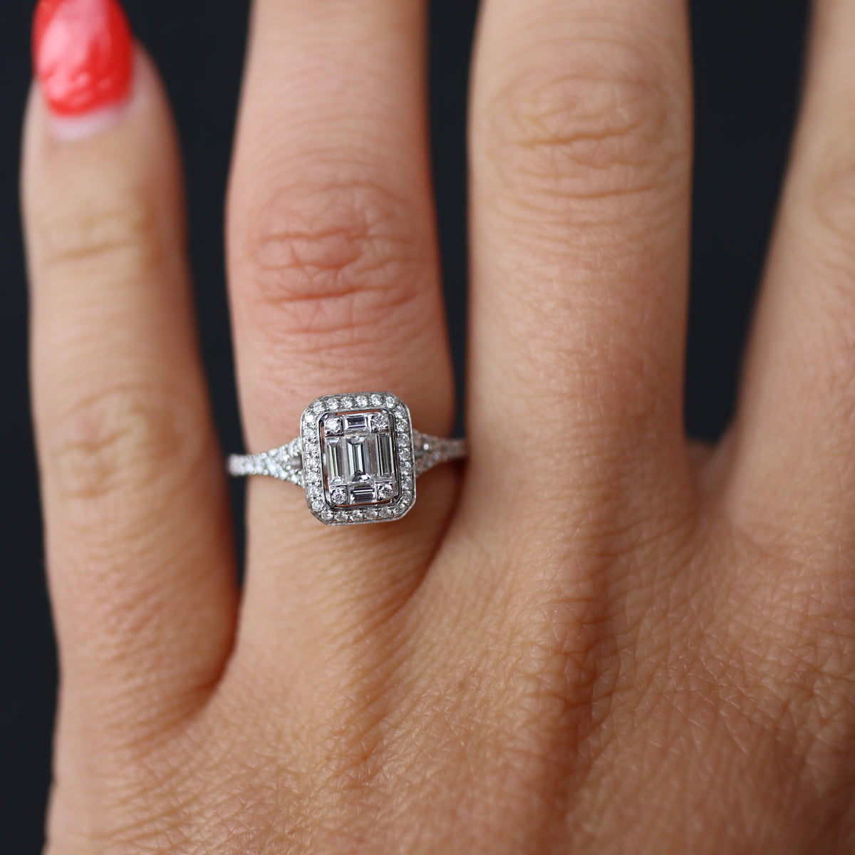 Simon G White Gold Round and Baguette Mosaic Diamond Engagement Ring