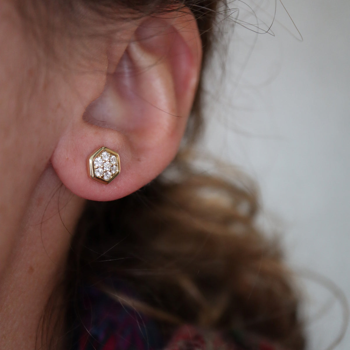 Vlora Yellow Gold Hexagon Diamond Pave Stud Earrings