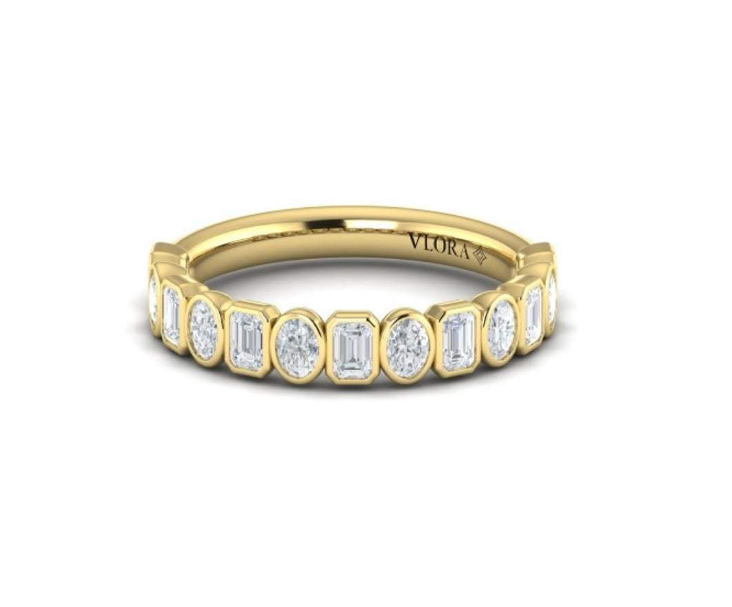 Vlora Yellow Gold Emerald and Oval Diamond Bezel Wedding Band
