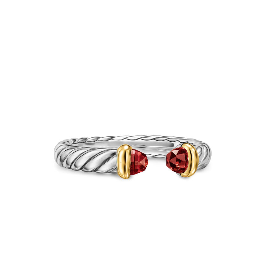 David Yurman Sterling Silver and Yellow Gold Petite Cable Garnet Open Ring