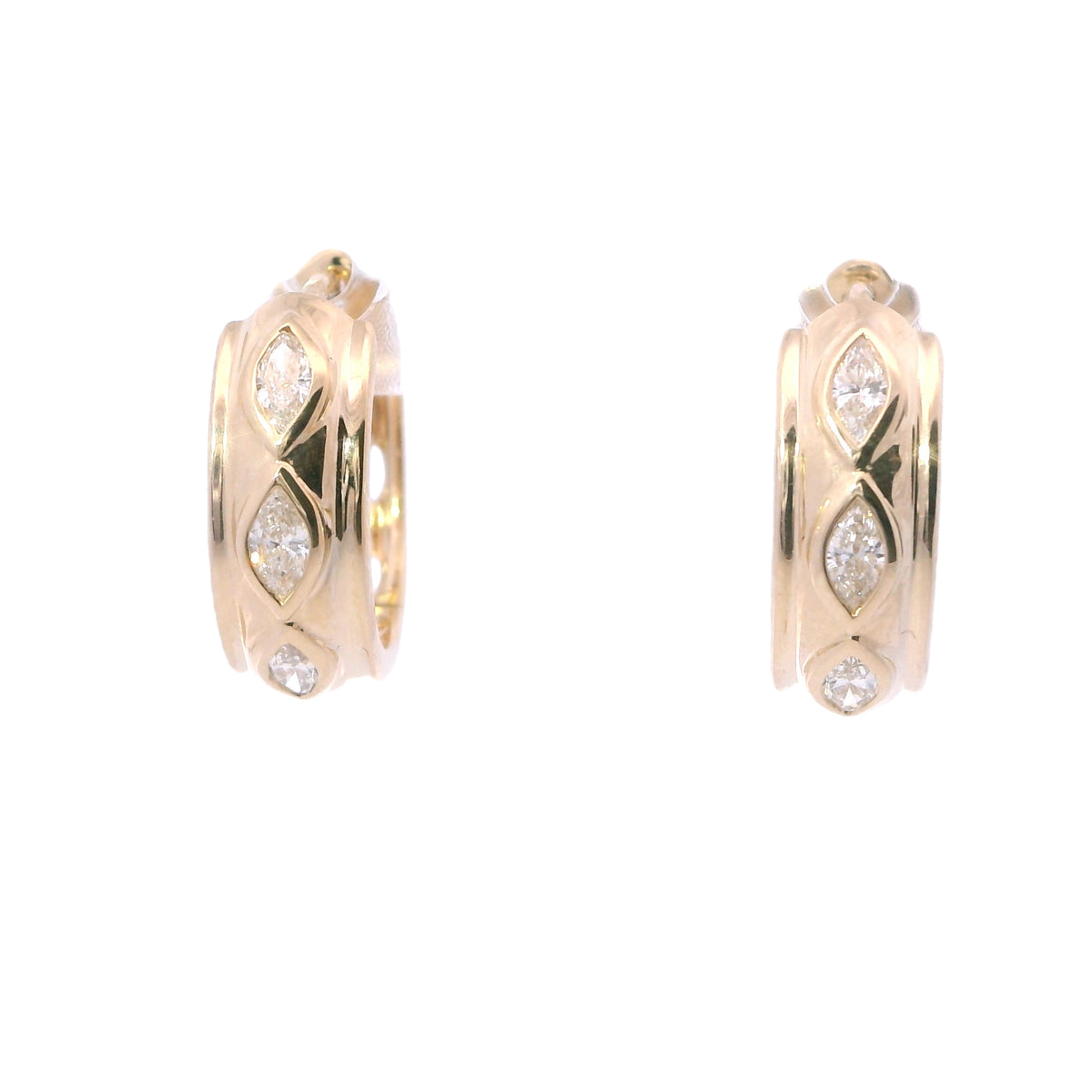 Yellow Gold Bezel Marquise Diamond Wide Huggie Hoop Earrings