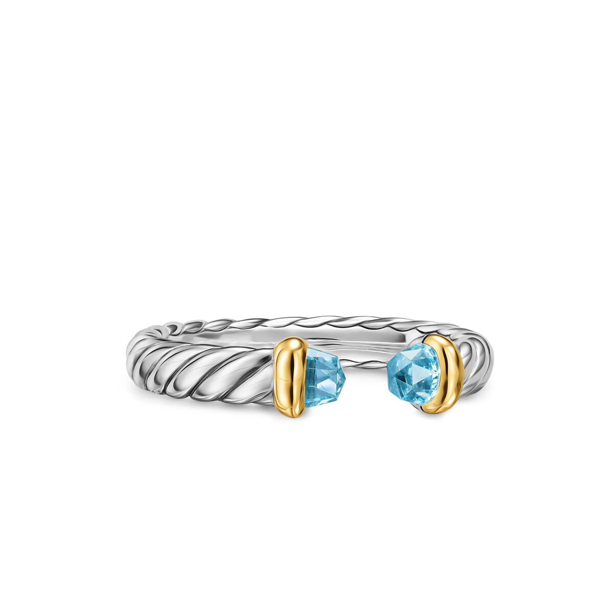 David Yurman Sterling Silver and Yellow Gold Petite Cable Blue Topaz Open Ring
