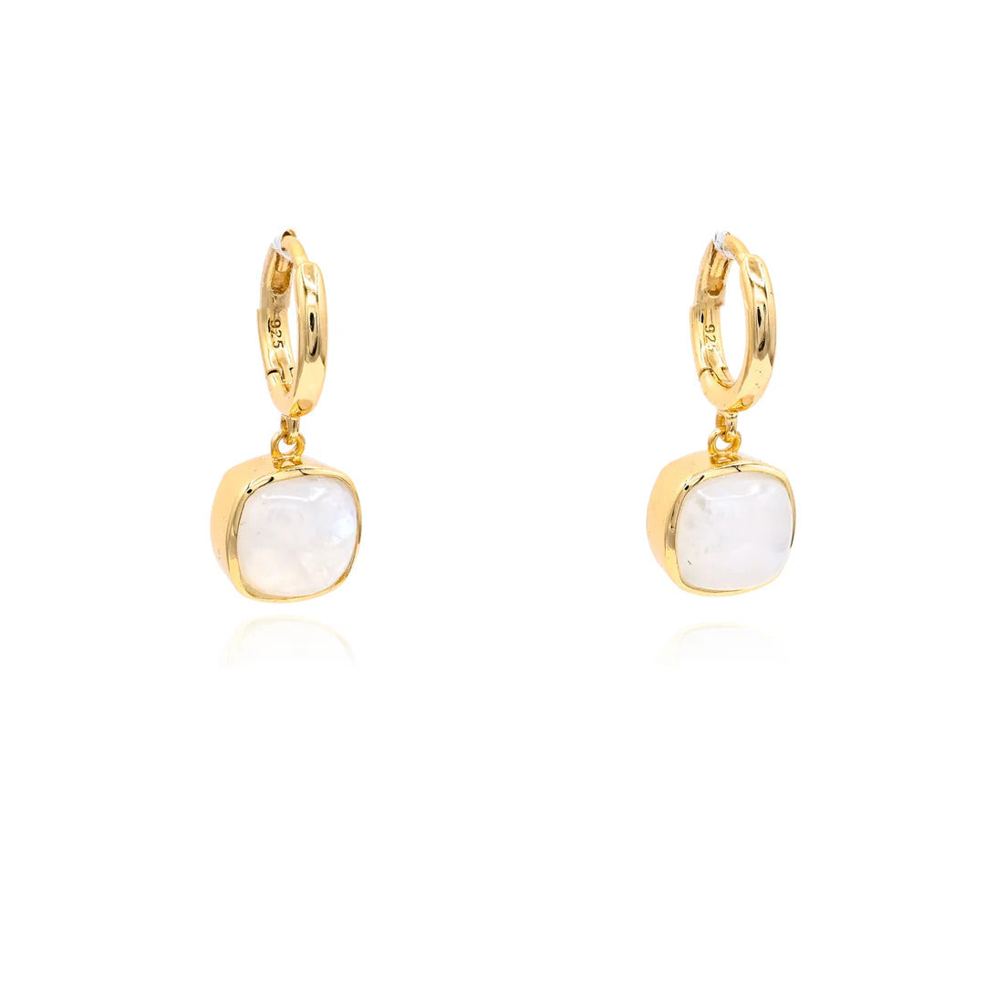 Yellow Gold Plated Cushion Moonstone Huggie Hoop Earrings