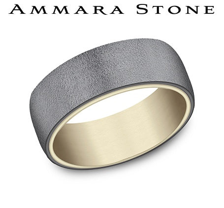 Ammara Stone Yellow Gold and Grey Tantalum Wire Brush Finish Wedding Band