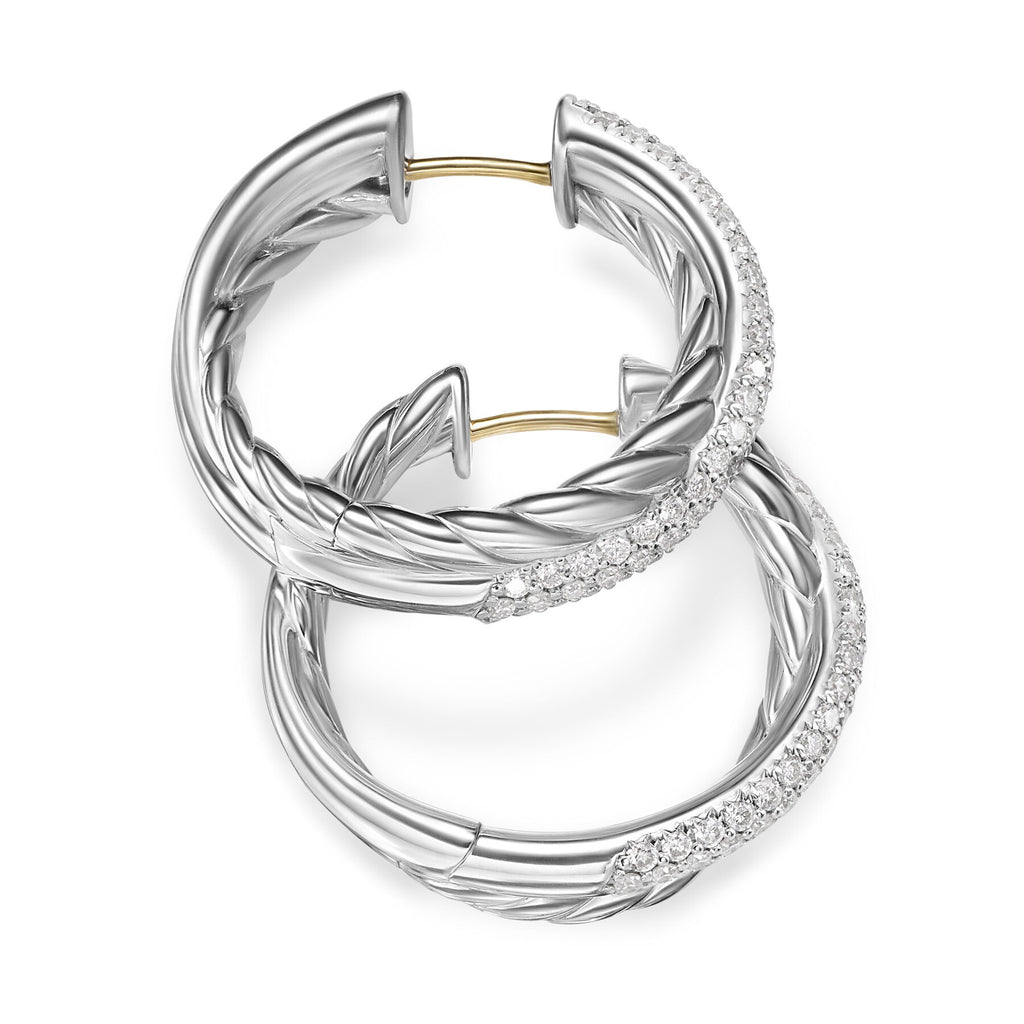 David Yurman Silver Bold Crossover Diamond Hoop Earrings