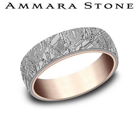 Ammara Stone Rose Gold and Grey Tantalum Comfort Fit Faux Meteorite Center Inner Satin Finish Wedding Band