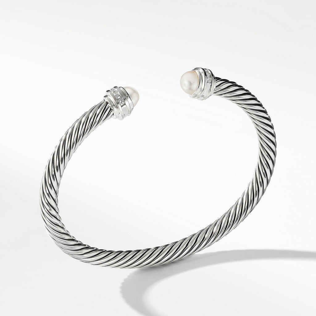 David Yurman Sterling Silver Pearl Classic Cable Bracelet with Diamonds