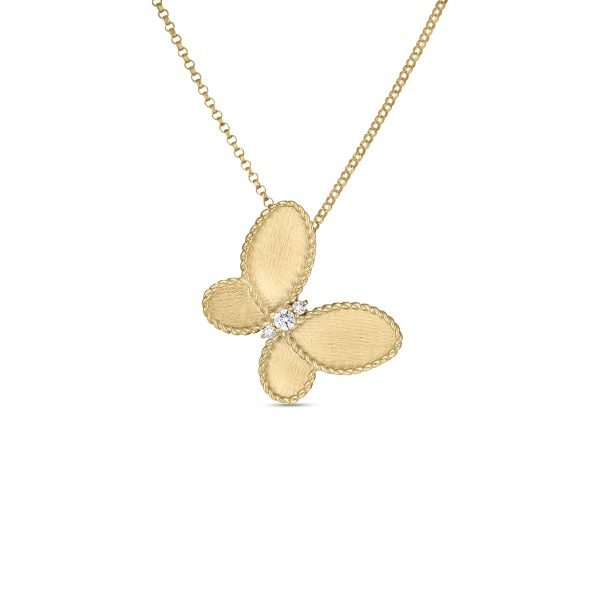 Roberto Coin Yellow Gold Diamond Satin Finish Butterfly Jasmine Pendant Necklace