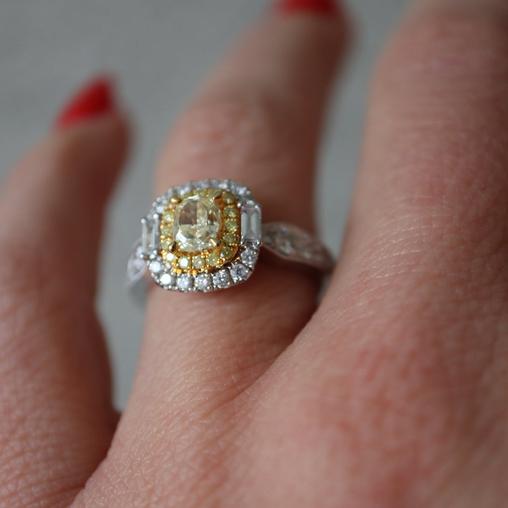 White Gold White and Yellow Diamond Mosaic Engagement Ring