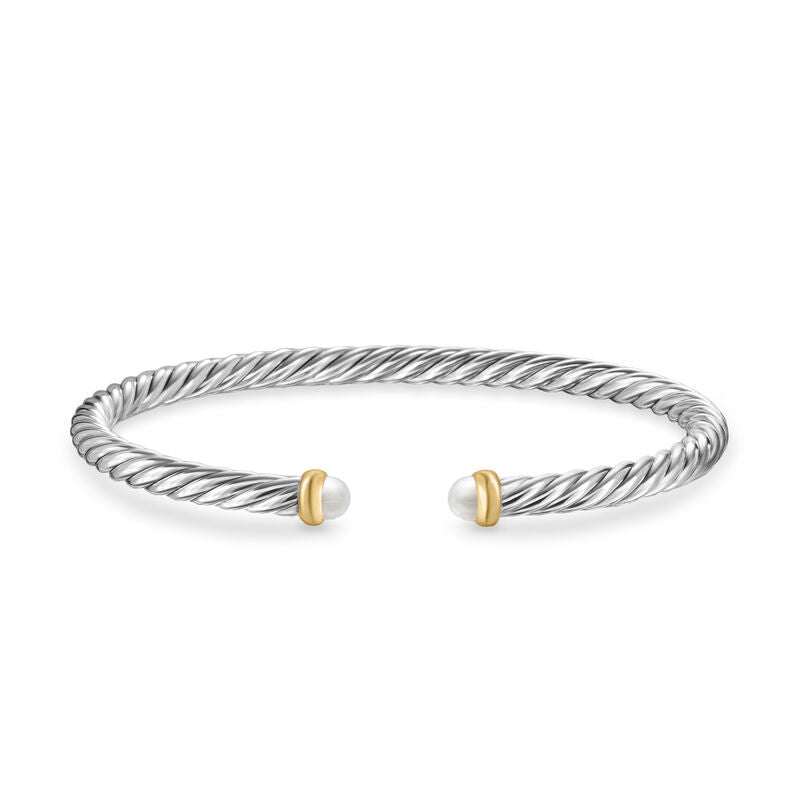 David Yurman Sterling Silver and Yellow Gold Pearl Cable Flex Bracelet