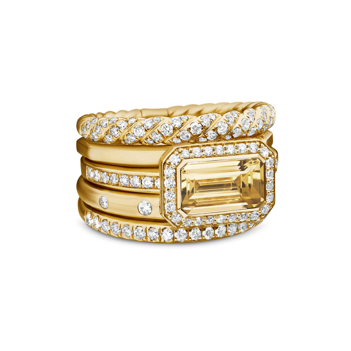 David Yurman Yellow Gold Stax Statement Champagne Citrine Ring with Diamonds