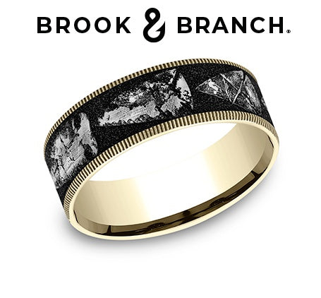 Brook & Branch Yellow Gold and Black Titanium Arrowhead Center Milgrain Edge Wedding Band