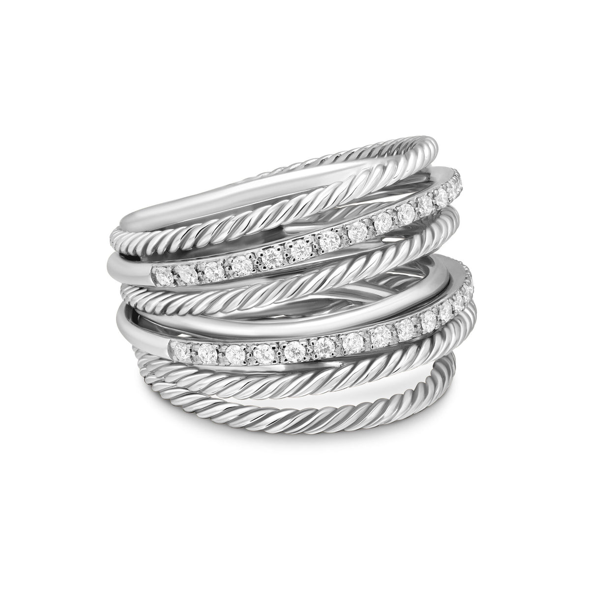 David Yurman Sterling Silver Crossover Wide Ring with Diamonds
