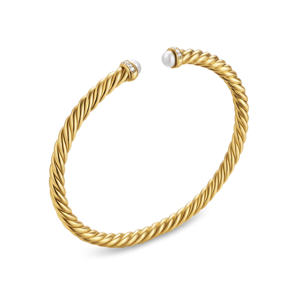David Yurman Yellow Gold Cablespira Flex Pearl Bracelet with Diamonds