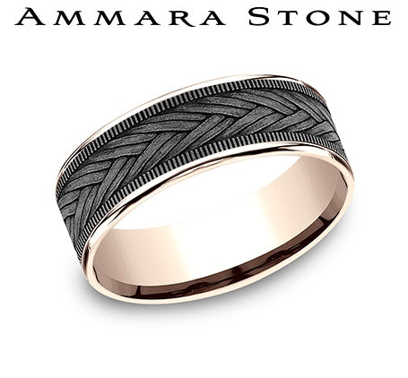 Ammara Stone Rose Gold and Grey Tantalum Comfort Fit Wheat Weave Milgrain Grey Center Thin Polished Edge Wedding Band