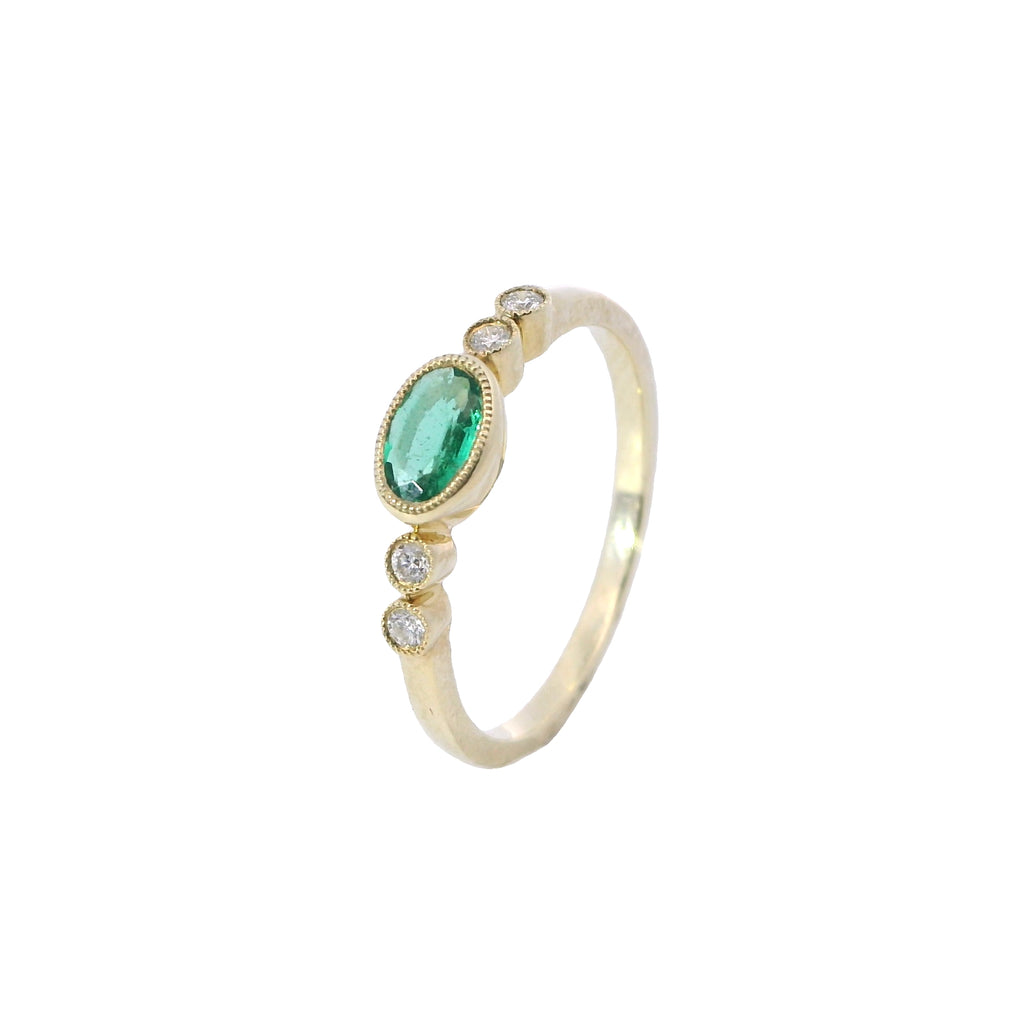 Yellow Gold Milgrain Bezel Emerald and Diamond Fashion Ring