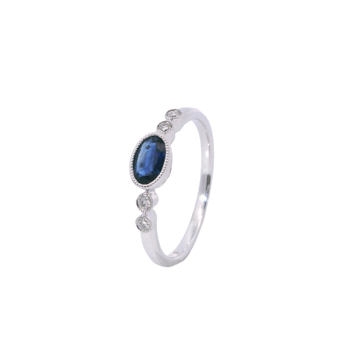 White Gold Milgrain Bezel Sapphire and Diamond Fashion Ring