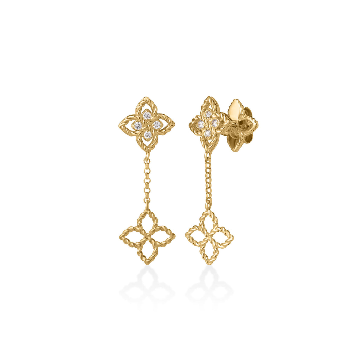 Roberto Coin Yellow Gold Princess Flower Tiny Diamond Dangle Stud Earrings