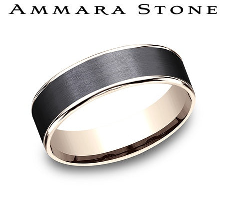 Ammara Stone Yellow Gold and Black Titanium Satin Black Center Polished Thin Edge Wedding Band