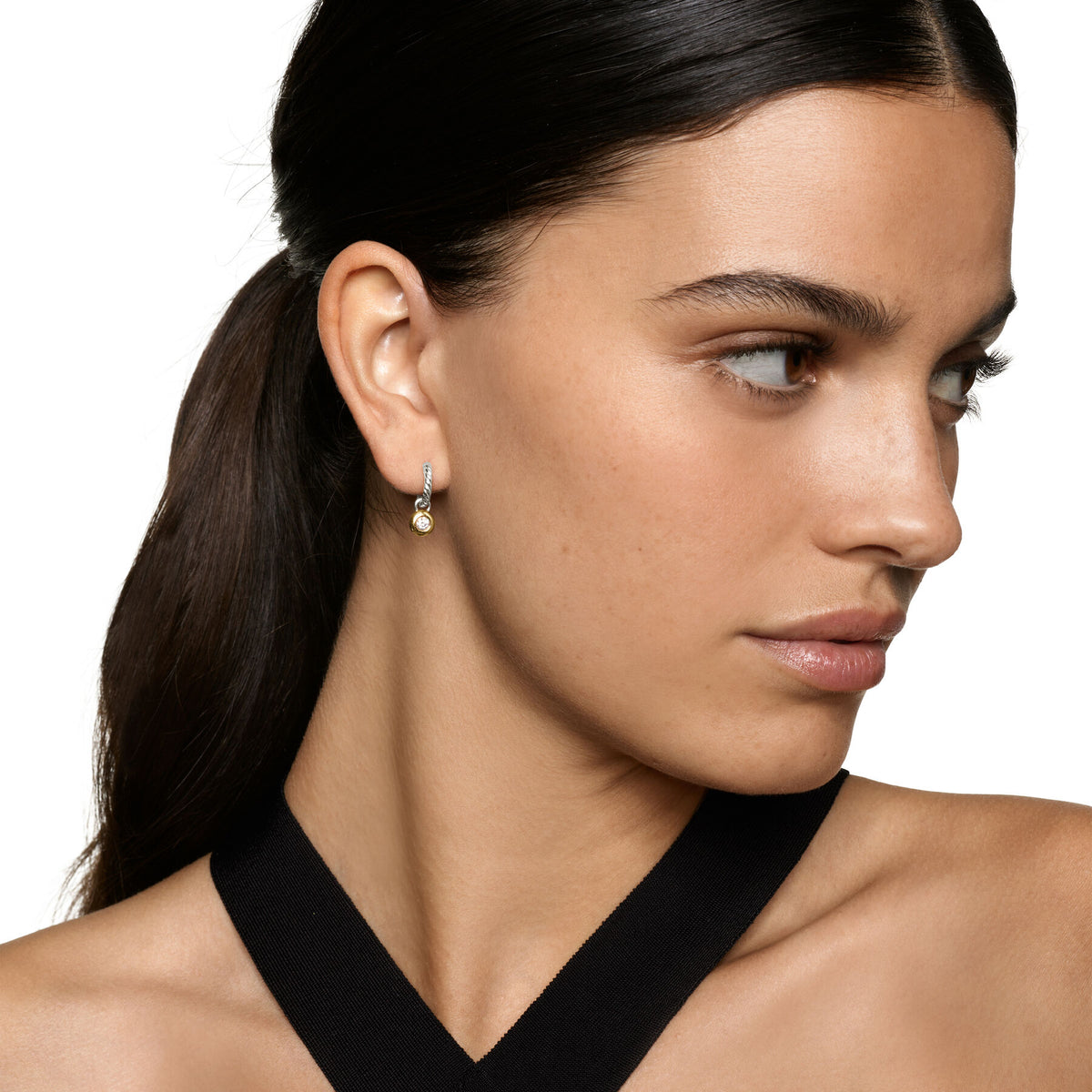 David Yurman Sterling Silver and Yellow Gold Petite Cable Huggie Drop Earrings with Diamonds