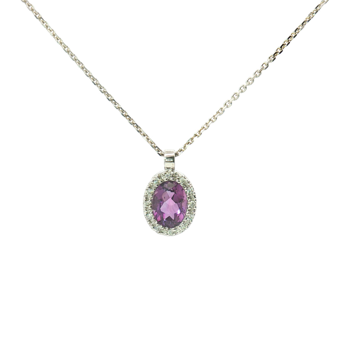 Estate White Gold Oval Amethyst and Diamond Halo Pendant Necklace