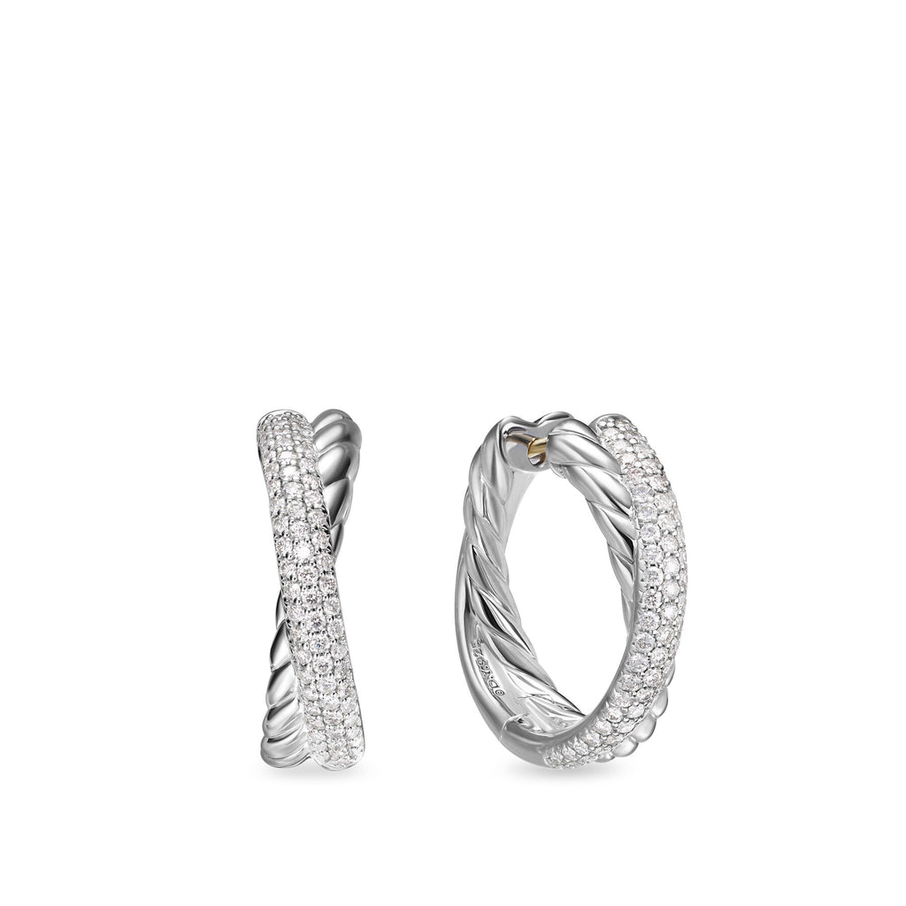David Yurman Silver Bold Crossover Diamond Hoop Earrings