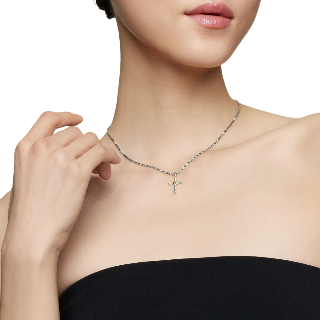 David Yurman Sterling Silver and Yellow Gold Baby Box Throughbred X Cross Necklace