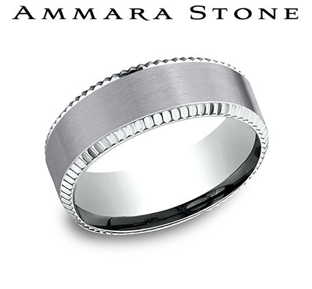 Ammara Stone White Gold and Grey Tantalum Beveled Coin Edge and Satin Finish Wedding Band