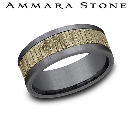 Ammara Stone Yellow Gold and Gray Tantalum Wood Splitting Center Wedding Band
