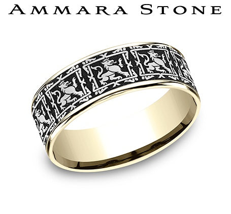 Ammara Stone Yellow Gold and Black Titanium Griffin Pattern Thin Polished Edge Wedding Band
