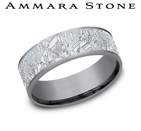Ammara Stone White Gold and Gray Tantalum Faux Meteorite Center Wedding Band