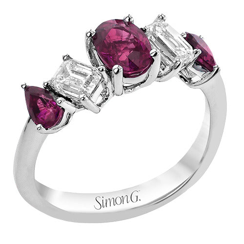 Simon G White Gold Pear and Oval Ruby and Emerald Diamond Ring