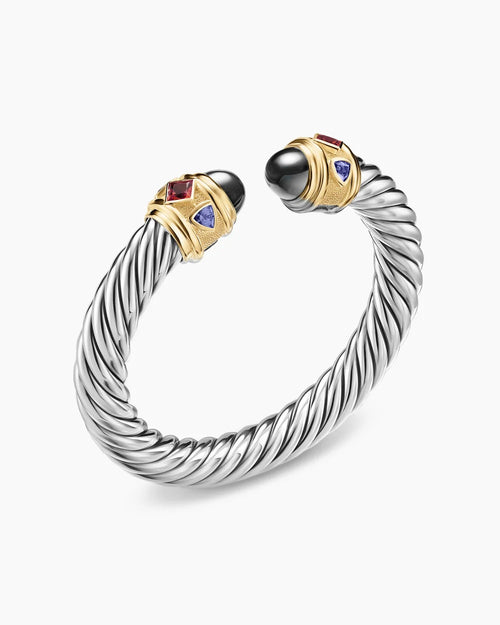 David Yurman Silver and Gold Renaissance Cable Flex Hematine, Rhodolite Garnet and Iolite Bracelet