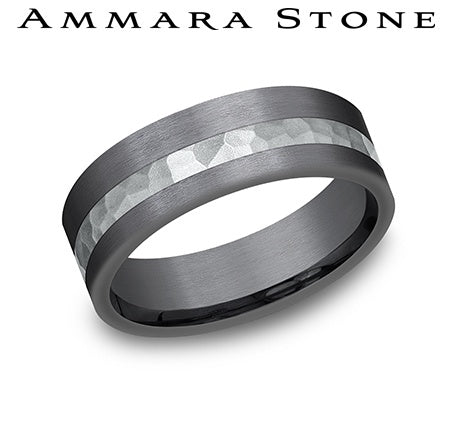 Ammara Stone White Gold and Grey Tantalum Hammered Wedding Band